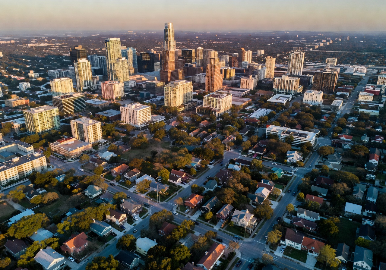 Aerial view of Austin Texas cityscape and neighborhoods