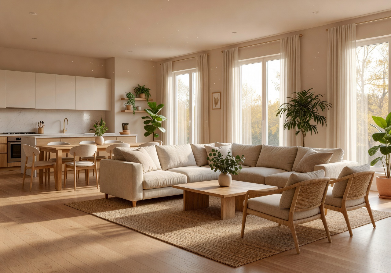 Bright open-plan living room with warm natural light