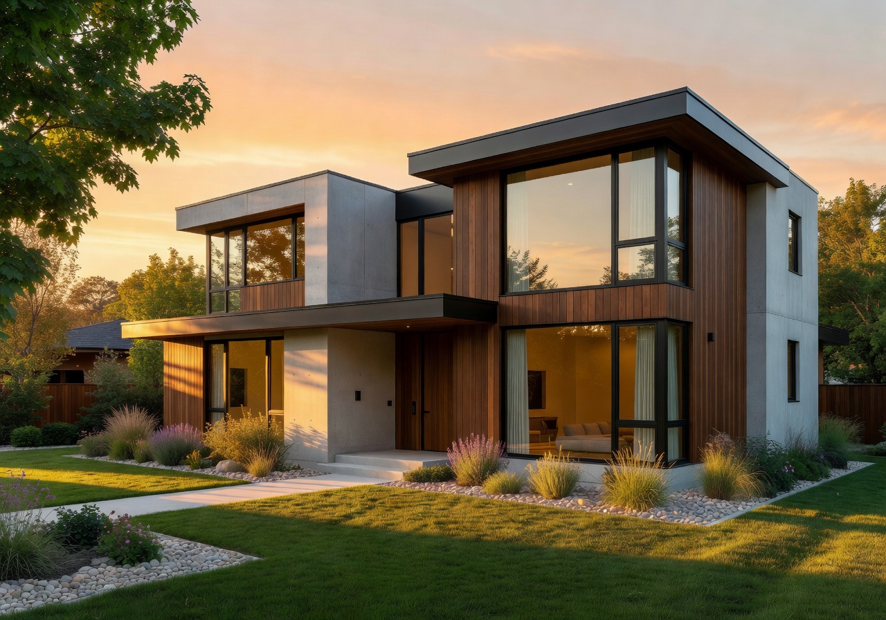 Exterior of a modern two-story home at golden hour
