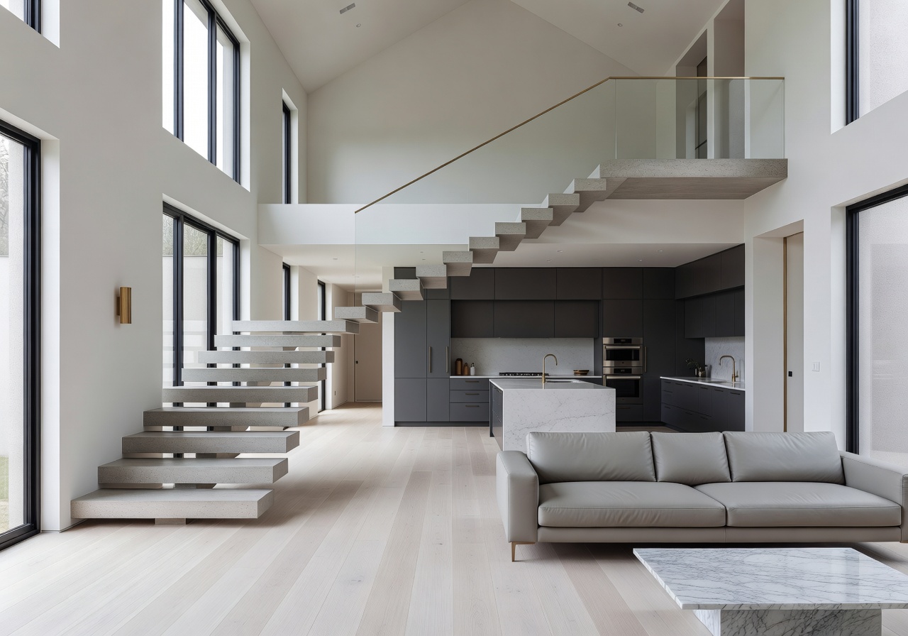 Luxury open-plan home interior with floating staircase and tall ceilings