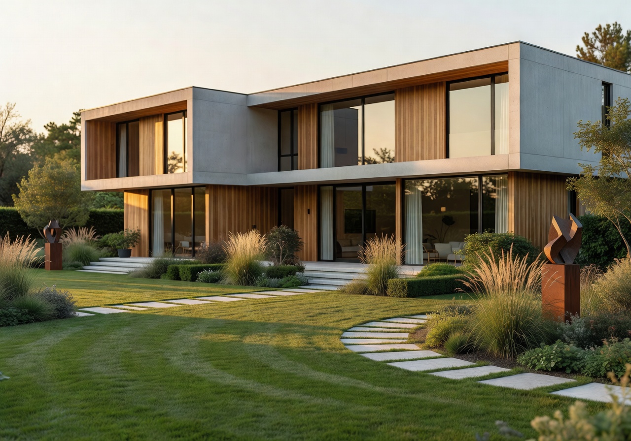 Modern luxury home exterior with large windows and landscaped garden