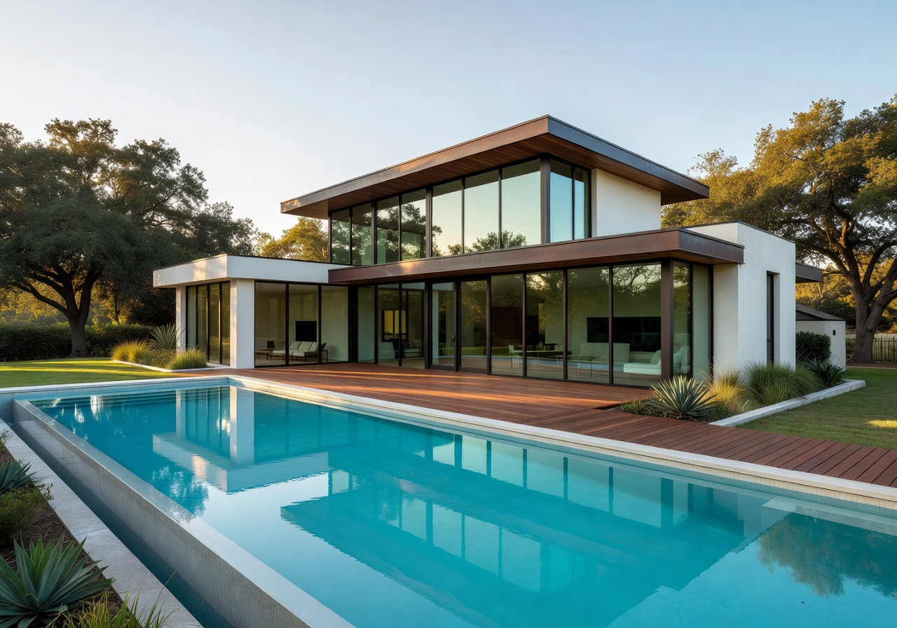 Sleek contemporary home with pool and wood deck in Austin suburb