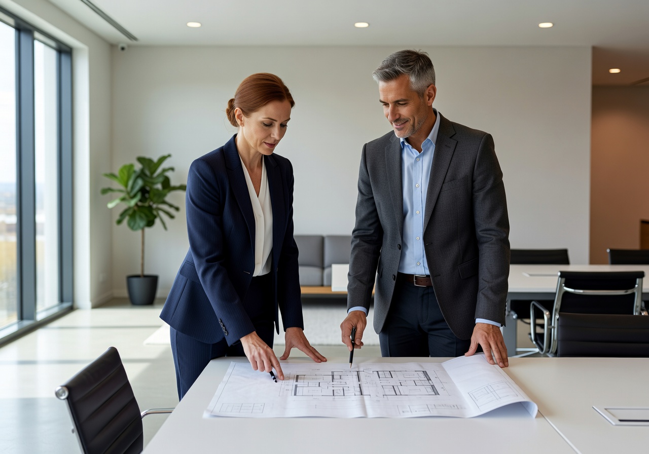 Two real estate agents in a bright modern office reviewing floor plans together