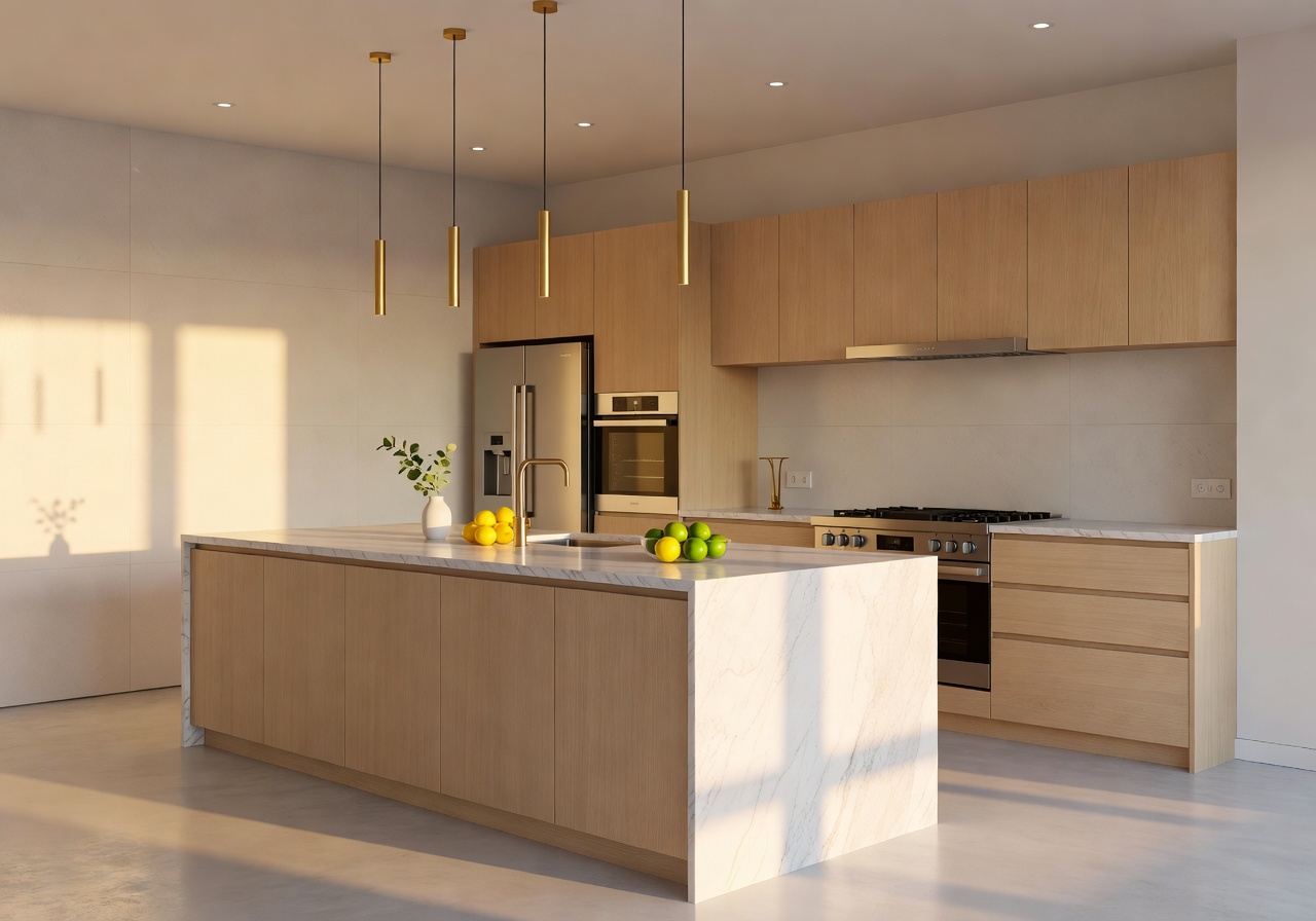 Warm sunlit modern kitchen interior with island and pendant lighting